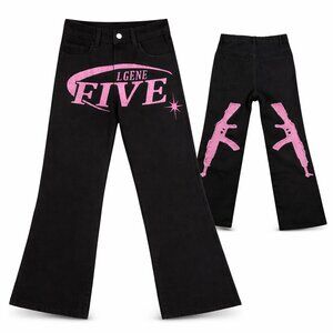 Aelfric Eden Black Graphic Jeans Size 28 Pink Gun Logo Applique Streetwear Goth